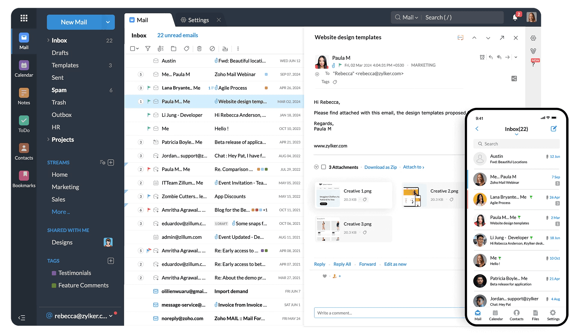 Zoho Mail inbox preview